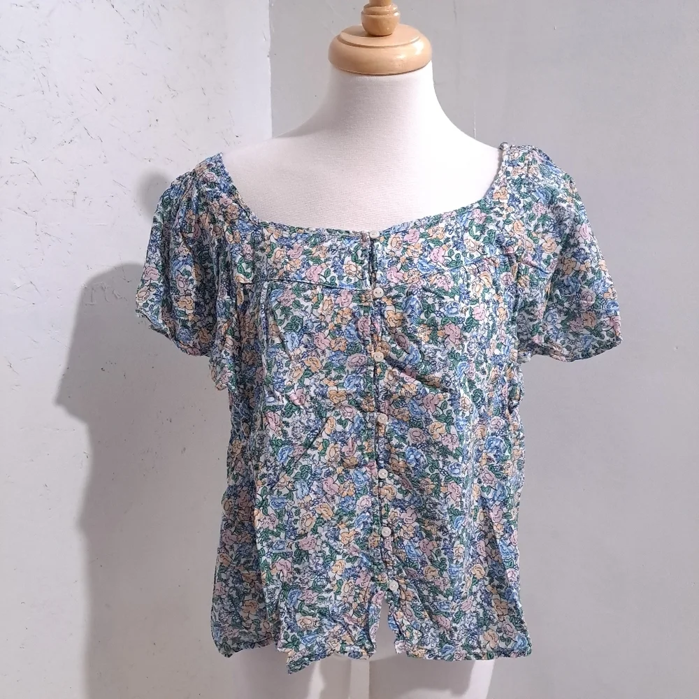 Old Navy | Blue Multi color floral wide neck button up women's shirt - Picture 2 of 9